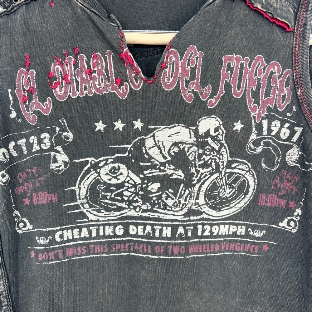 Vince. Grunge biker El Diablo Del Fuego Tank Top Shirt Sleeveless Distressed Vtg - Picture 5 of 12